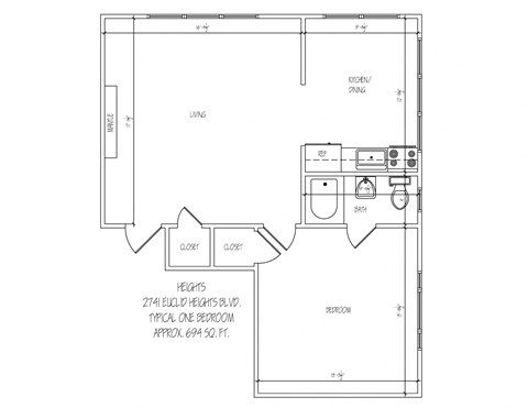 Floor plan for 1 bed, 1 bath, 694 sqft